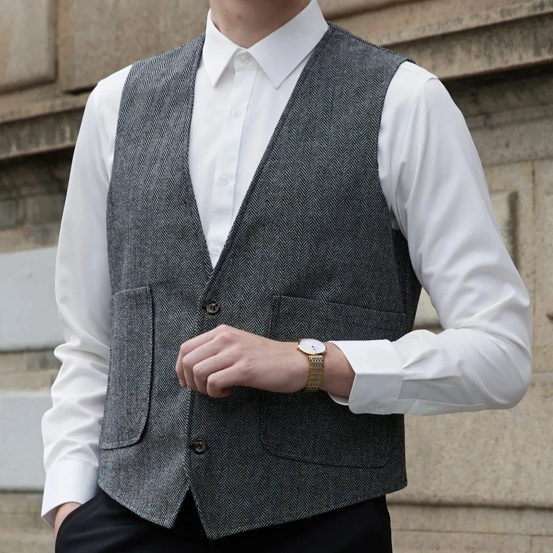 Men Vest Gray Herringbone V Neck Single Button Waistcoat For Wedding Prom Business Casual Formal Daily Office Work Men Suit Vest