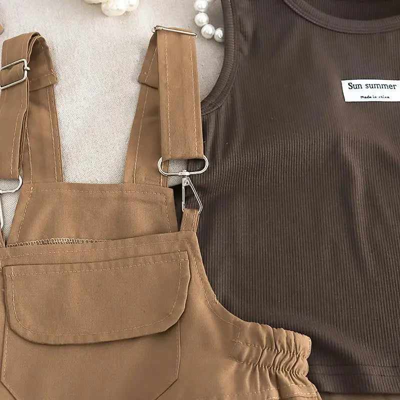 New Summer Baby Girls Clothes Suit Children Fashion Labeling Vest Top Large Pocket Overalls 2Pcs/Sets Kids Tracksuits Outfits