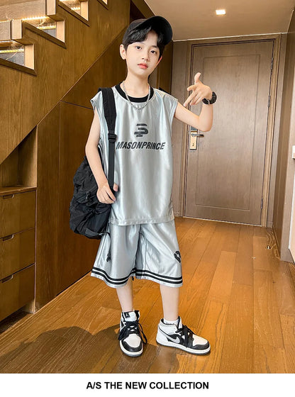 Summer Boys Quick-dry Glossy Alphabet T-Shirt Top+Shorts Sportswear Set School Kids 2PCS Tracksuit Children Jersey Outfit 5-16Yr