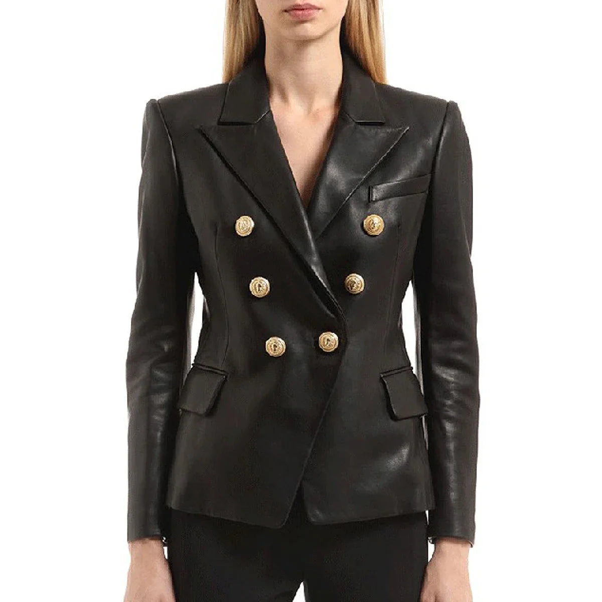S-3XL High Quality Fashion New PU Leather Fabric Double breasted Long Sleeve Slim Fit Commuter Women's Suit Coat Blazer