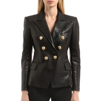 S-3XL High Quality Fashion New PU Leather Fabric Double breasted Long Sleeve Slim Fit Commuter Women's Suit Coat Blazer