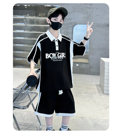 Summer Boys Patchwork Alphabet Preppy T-Shirt Tops+Drawstring Shorts Pant Set School Kids 2PCS Tracksuit Children Outfits 5-16Yr