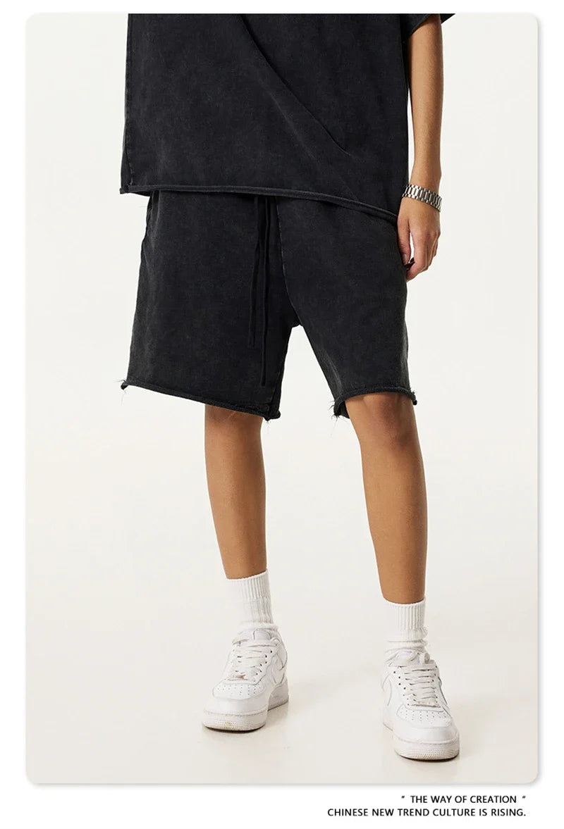 New 2025 Men Summer Loose Edge Washed Cotton Shorts Unisex Retro High Street Distressed 330gsm Shorts Brand Clothes HY1056