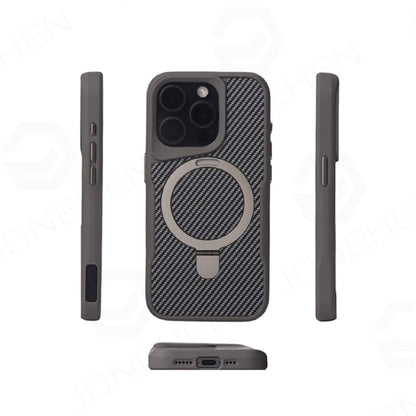Luxury For Magsafe Shockproof Frame Armor Case For iPhone 13 15 12 14 16 17 Pro Max Metal Bracket Carbon Fiber Pattern Cover