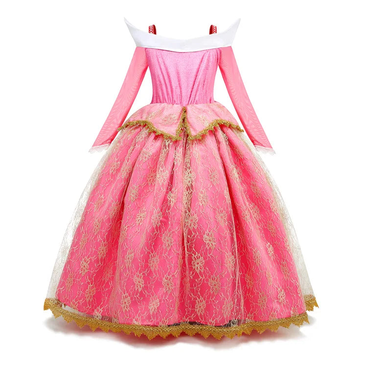 Exquisite Princess Ball Gown Sleeping Beauty Fairy Tale Costume Play Lace Gold Rim Deluxe Christmas Aurora Party Dress 2 4 6 8Yr