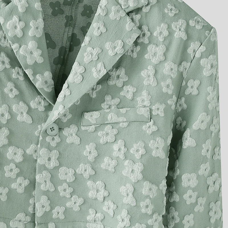 Men Blazer Flower Jacquard Lapel Long Sleeve Crop Coats Men Streetwear Autumn 2025 One Button Fashion Casual Male Suit
