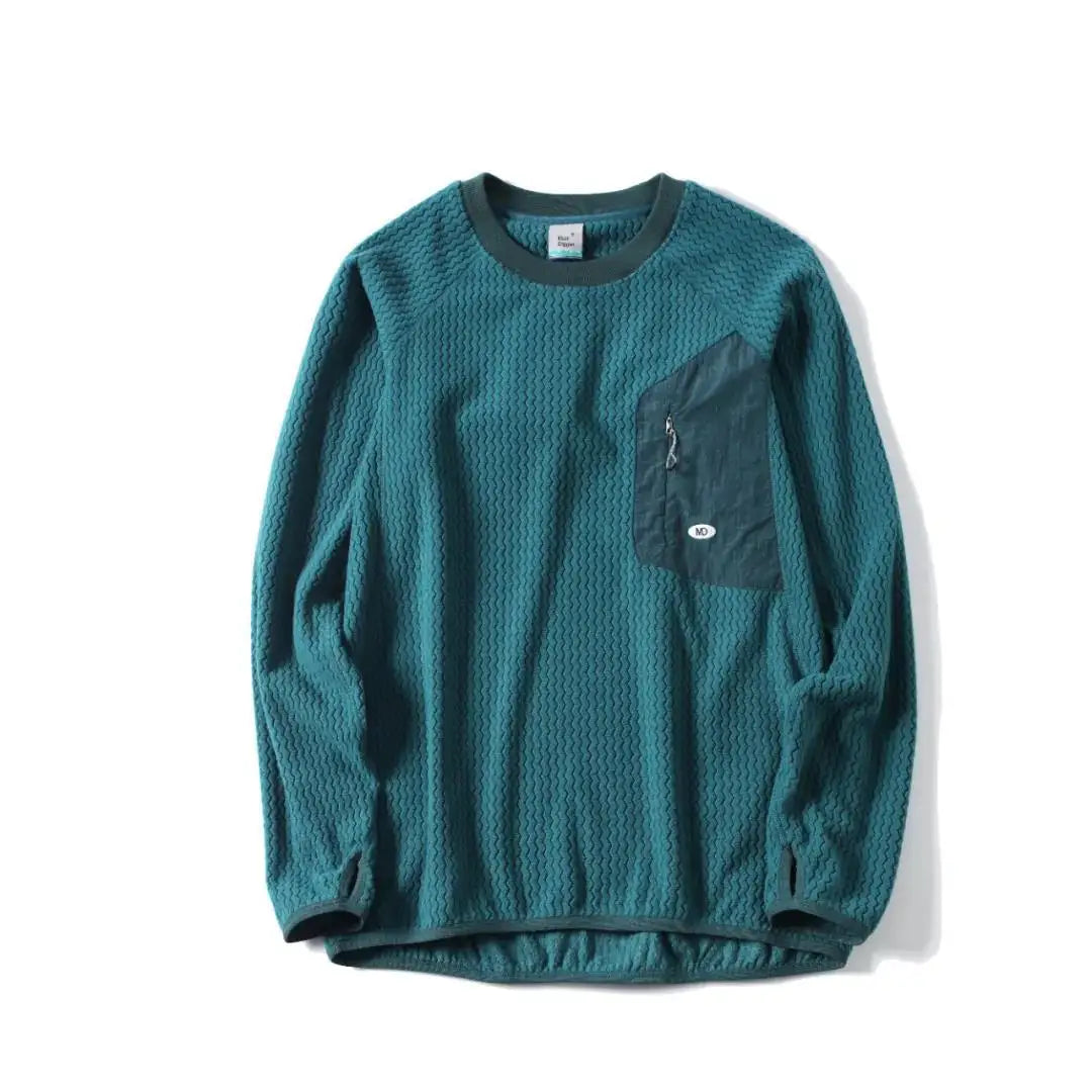 Mountain-Ready Crewneck: Engineered with Ribbed Neck, Reflective Logo, & Secure Chest Pocket for Outdoor Style Unisex