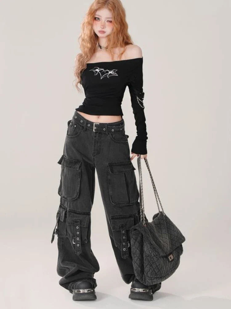 Gothic Punk Women Y2k Japanese Streetwear Design Cargo Pants Denim Pants Long Trouser Vintage Aesthetic Grunge Jeans Baggy New