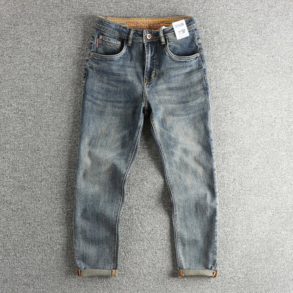 Retro blue wash-fried cat whisker jeans men's high-end custom fabric American fashion brand youth nine-point pants
