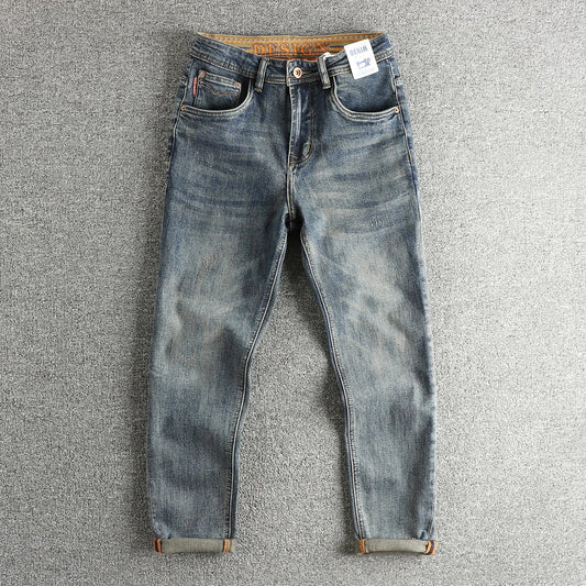 Retro blue wash-fried cat whisker jeans men's high-end custom fabric American fashion brand youth nine-point pants