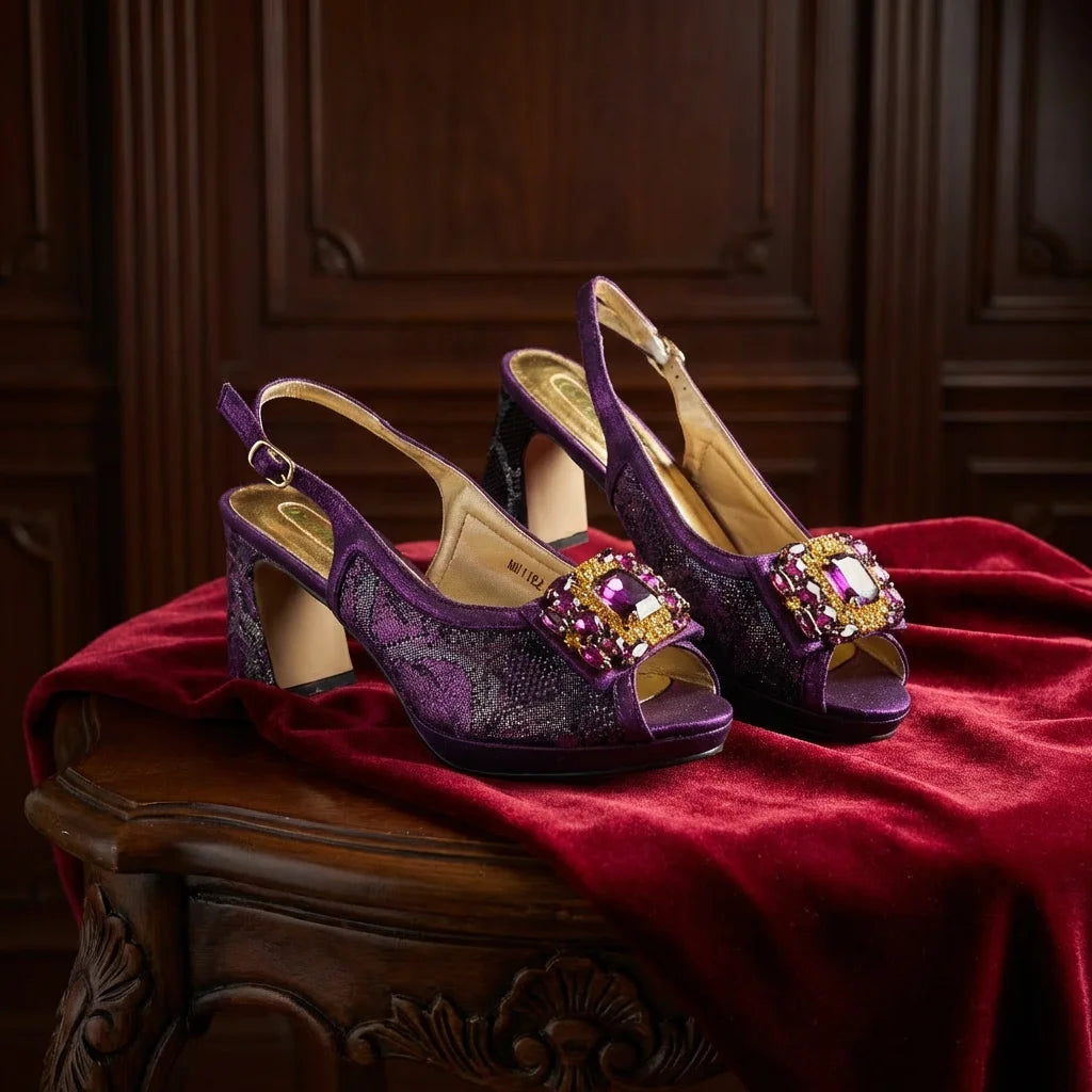 2026 Italian Luxury Rhinestone Taro Royal Blue Open Toe High Heel Shoe And Bag Set for Women - Perfect for Parties Wedding