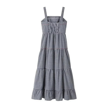 Plaid Slip Long Dress Woman Embroidery Ruffle Summer Dresses 2025 Sleeveless Beach Holiday Dress Women Casual Midi Dresses