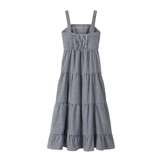 Plaid Slip Long Dress Woman Embroidery Ruffle Summer Dresses 2025 Sleeveless Beach Holiday Dress Women Casual Midi Dresses