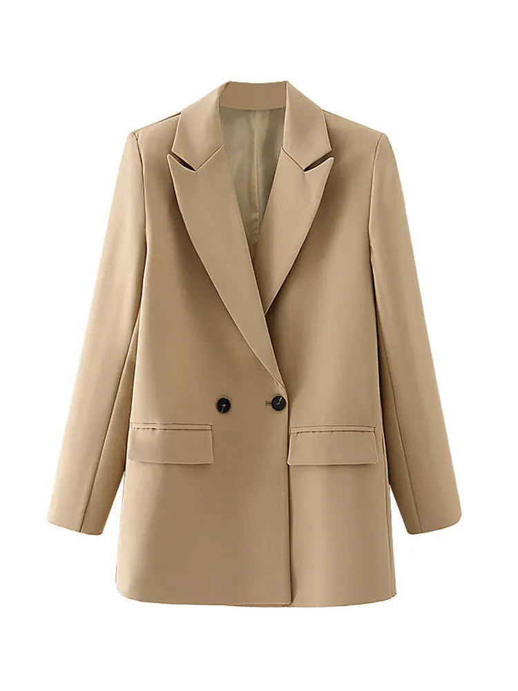 Women Chic Office Lady Double Breasted Blazer Vintage Coat Fashion Notched Collar Long Sleeve Ladies Outerwear Stylish Tops