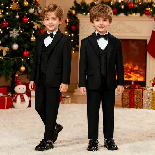Boys Black Slim Formal Tuxedo Set Jacket Vest Pants Bow Tie Christmas Wedding Performance Wear for Kids Teens Ages 2-16
