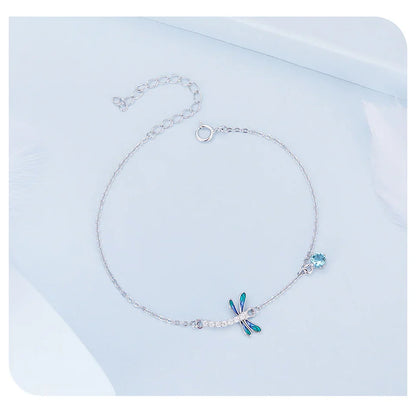 925 Sterling Silver Green and Blue Enamel Dragonfly Bracelet Insect Chain Link for Women Pave Setting CZ Fine Jewelry