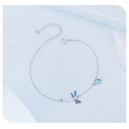 Bracelet libellule en argent sterling 925 émail vert et bleu, maillons de chaîne insecte pour femme, serti pavé de zircons, bijoux fantaisie