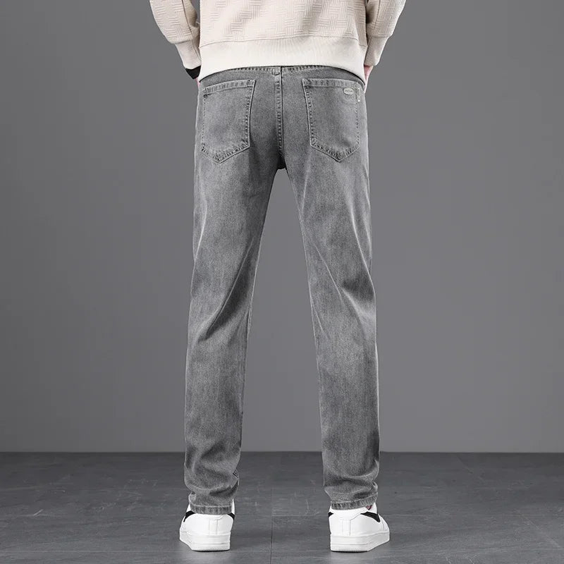 Classic Men Vintage Cloth High Waist Trousers 2024 Autumn Loose Straight Stretch Wash Jeans High Quality Sky Blue Brand Pants