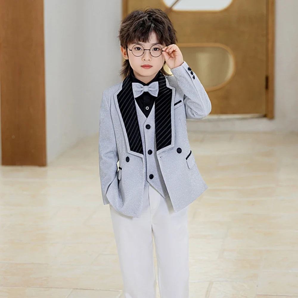 Glitter Double Breasted Boys Suits 4 Pieces Host Costumes,High Quality Kids Suit Set Wedding Guest Outfit,New Handsome Tuxedo