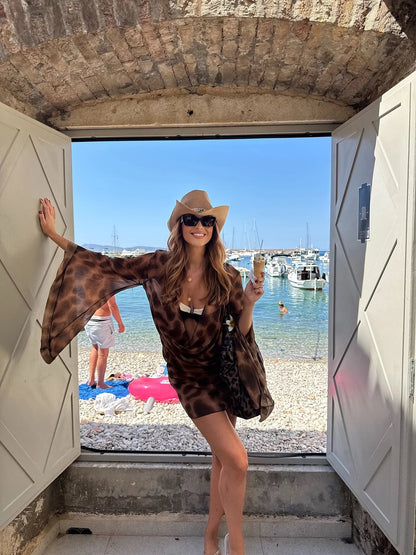 2025 Autumn Fashion Street Style Sexy Low-Cut Plunging Neckline Leopard Printed Flare Sleeve Women Beach Vacation Mini Dress C95