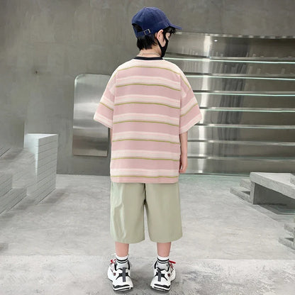 Kids New Designer Cotton Stripe T-shirt Shorts Set Summer Outfit for Boys Tracksuit Set 2 Pieces Clothing Suit for Tweens Child
