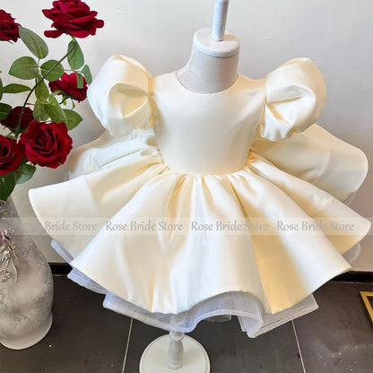 Flower Girl Dresses Beige Satin Short Puff Sleeves O Neck Kid's Birthday Cloth for Wedding Ball Gown Baby Formal Party Gown Mini