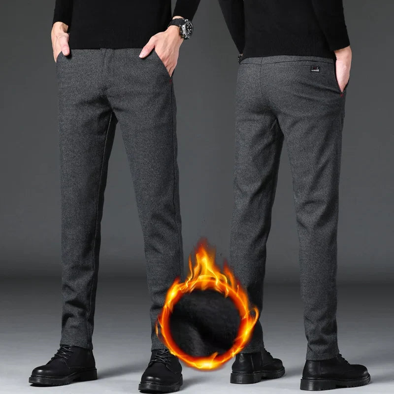 Fashion Men Thermal Fleece Casual Pants Winter Thick Straight Slim Velvet Trousers Brand Clothing Korean Male Pants Size 28-38