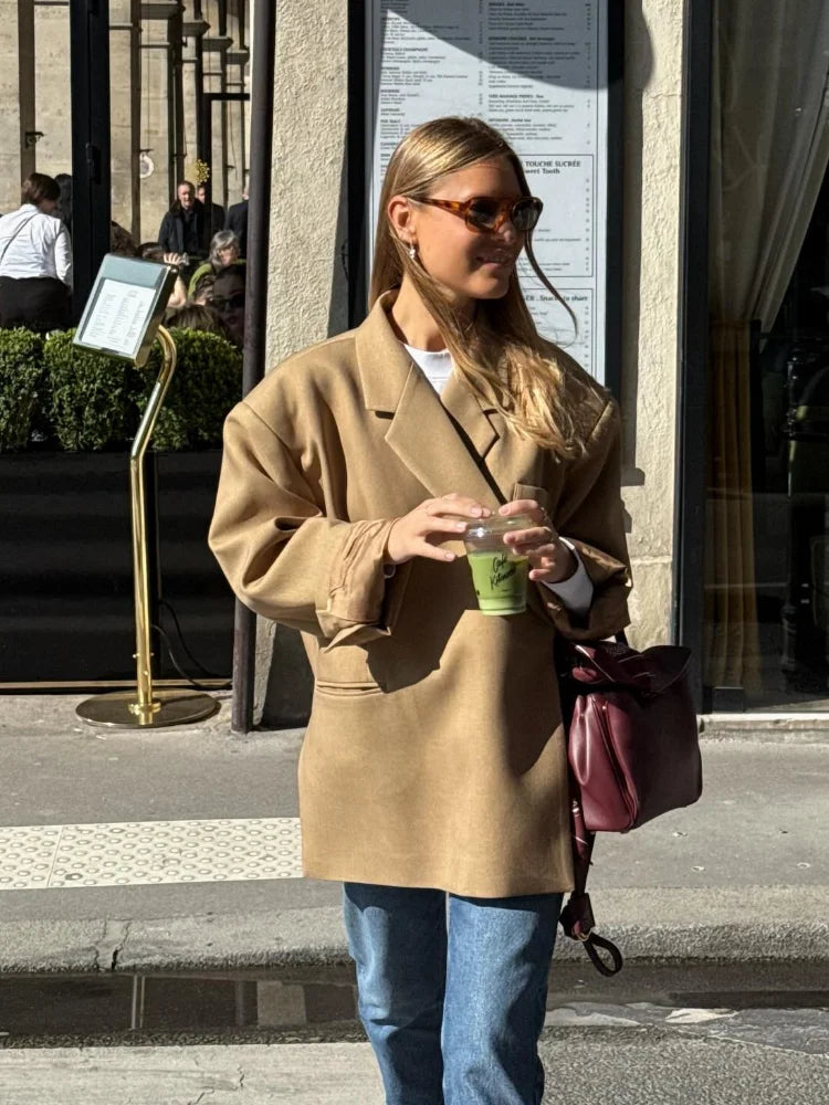 Chic Oversized Lapel Double Breasted Ruched Blazer Women 2026 Spring Khaki Elegant Puff Sleeve Casual Soft Daily Wear Outerwear