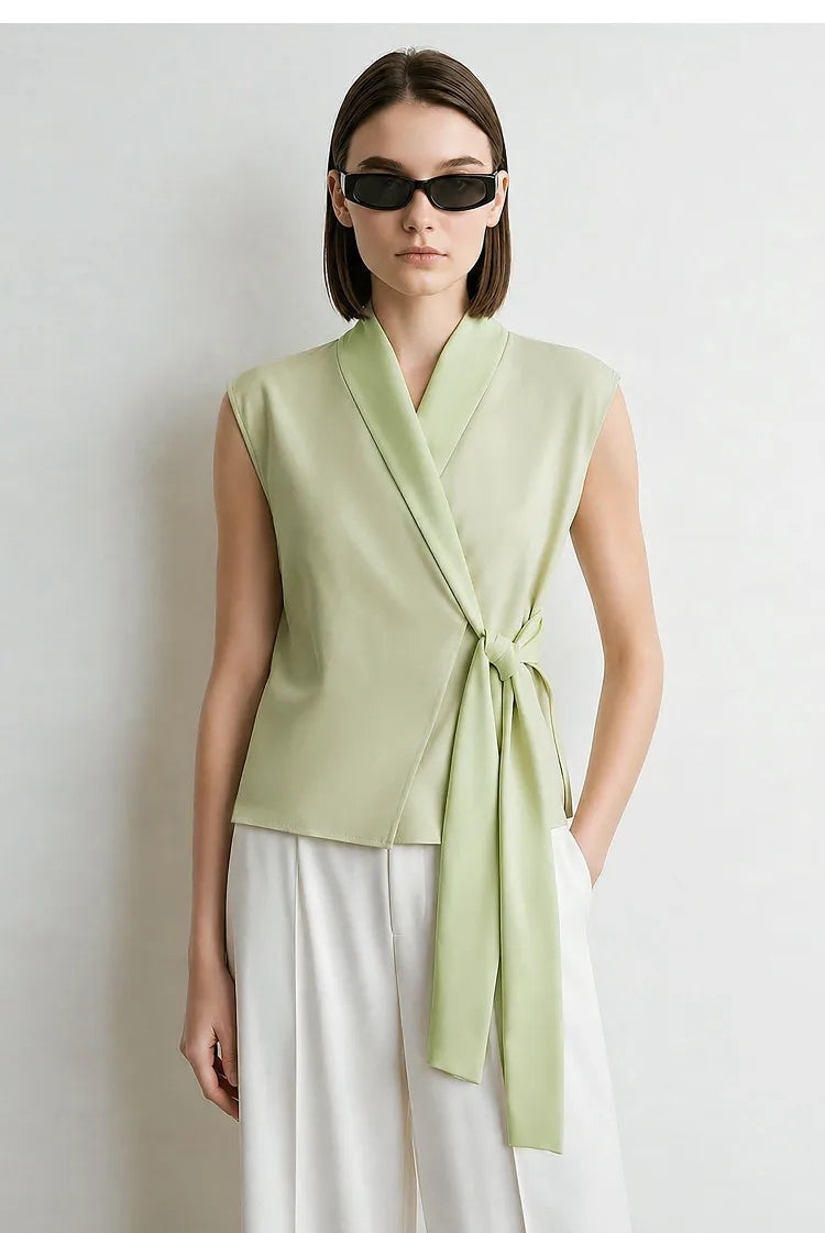 Elegant Women's Blouse 2026 Summer New V-Neck Sleeveless Chiffon Top Satin Spliced Office Flowy Shirt For Women 12642213
