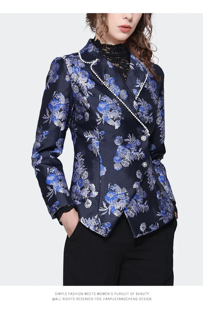 Vintage Blue Floral Jacquard Women Blazer 2023 Autumn New Suit Collar Jacket Elegant Slim Beaded Casual Blazers Coat