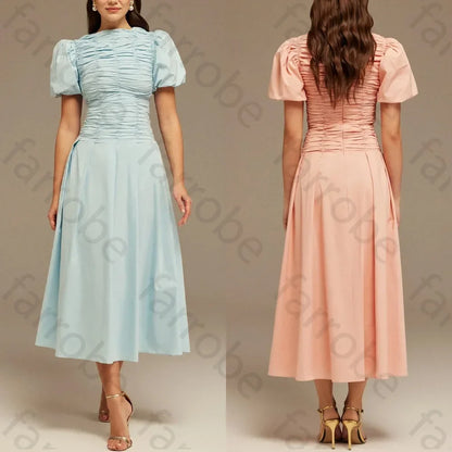 Customize Draped Top Short Sleeve Midi Dress A-Line Evening Dresses Formal Exquisite High Quality Prom Party Gowns for Women