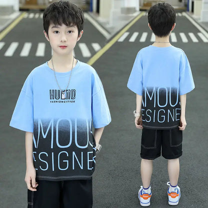 Summer Boys Cotton Contrast Alphabet t-Shirt Tops+Denim Shorts Pant School Kids Tracksuit Child 2PCS Outfit Workout Set 5-16 Yrs