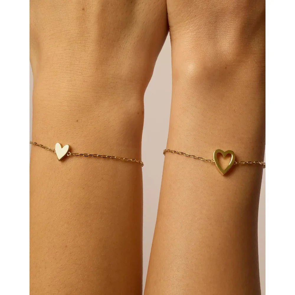 14K Gold Plated Heart Solitaire Bracelet Set – Adjustable Matching Pair for Best Friends or Couples