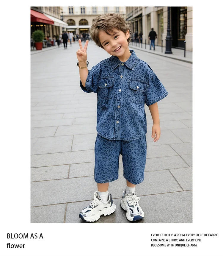Trend Kids Boy Summer Leopard Denim Suit Two Piece Outfit Set y2k Denim Shirt And Shorts Clothing Set for Baby Child Streetwear