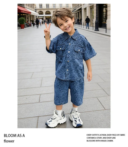 Trend Kids Boy Summer Leopard Denim Suit Two Piece Outfit Set y2k Denim Shirt And Shorts Clothing Set for Baby Child Streetwear