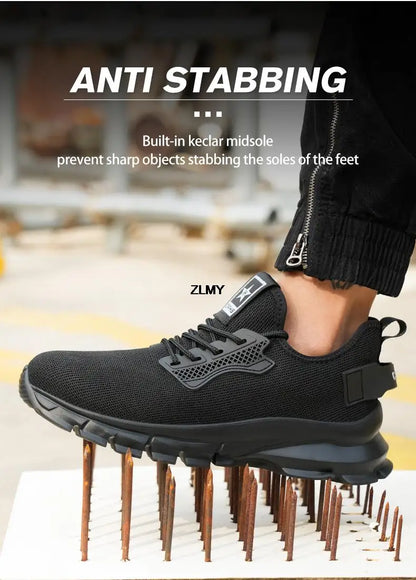 Black Safety Shoes Men Steel Toe Sneakers Lightweight Puncture Proof Work Safety Boots Man Breathable Working Shoes Anti-smash