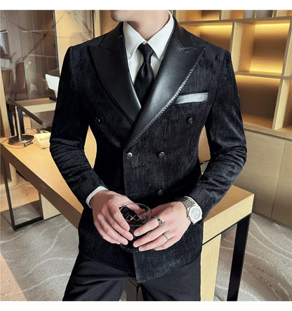 British Style Luxury Men Double Breasted Suit Jacket High Quality Fashion PU Leather Neck Spliced Coats Groom Social Party Dress