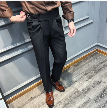 Italian Style Naples High Waisted Straight Pants Men High Quality Solid Color Business Casual Formal Office Social Suit Pants