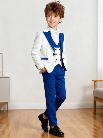 Hot Selling Stylish Paisley Jacquard Boys Formal Suit Set 3-14 Years 4 Piece Kids Wedding Tuxedo Elegant Blazer Vest Pants Bow