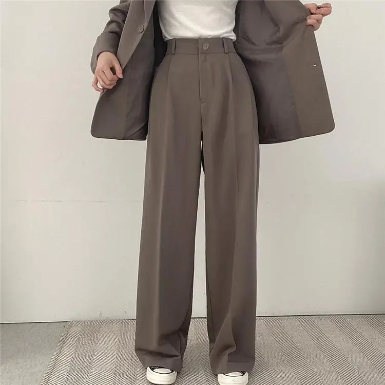 Casual Notch Lapel Suit Set with Button Thick Wide Leg Small Suit Pants High Waist Drape Polyester Business Lady Style Women