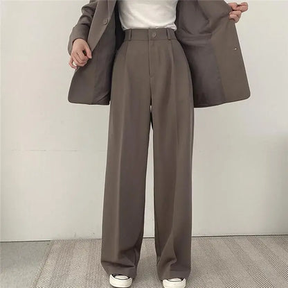 Casual Notch Lapel Suit Set with Button Thick Wide Leg Small Suit Pants High Waist Drape Polyester Business Lady Style Women