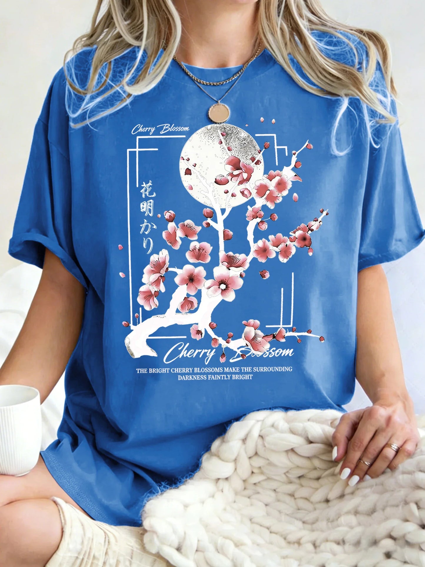 Japanese Cherry Blossom Design Women'S T-Shirt Loose Cotton T Shirts Crewneck Trendy Short Sleeve Y2K Summer Casual Streetwear