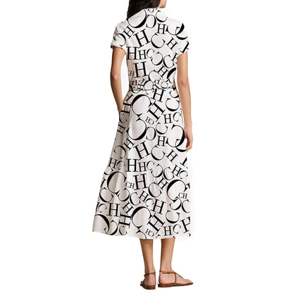 Women's Midi Dress 2024 New Fashion Summer Lapel Print Shirt Dresses for Women Elegant Chic Ladies Dress