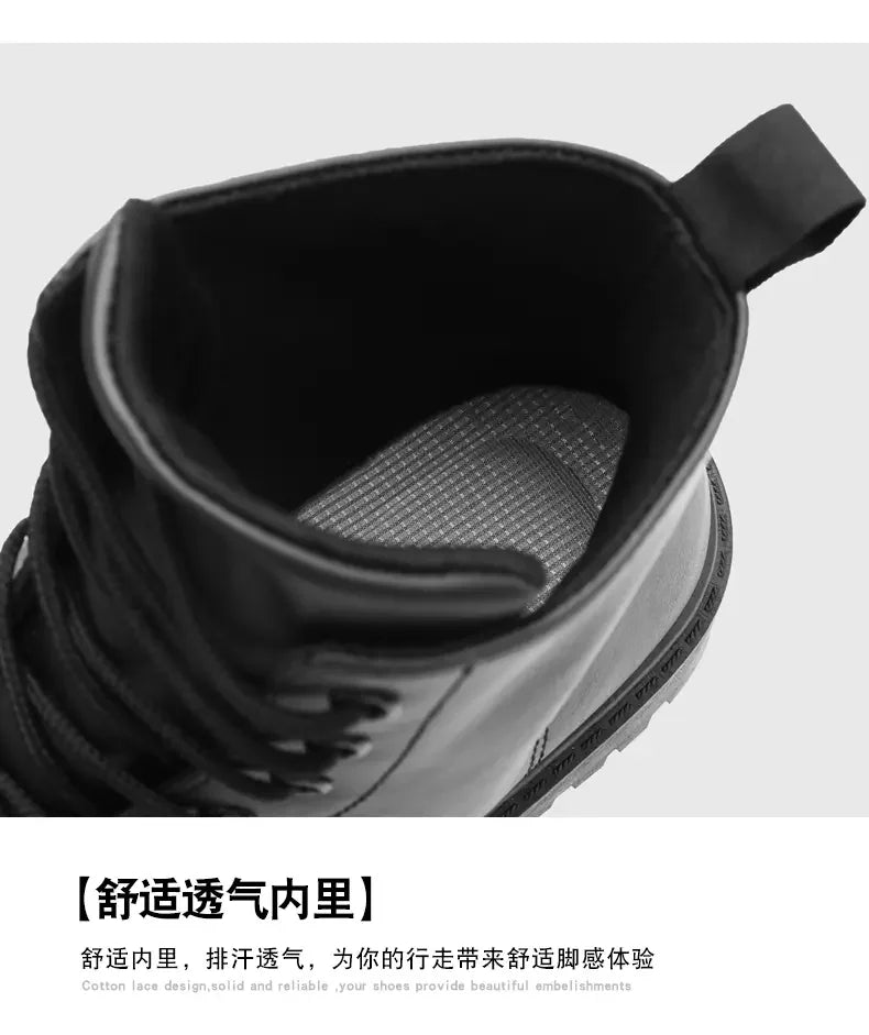 Men Shoes Autumn Anti Slip Waterproof High Top Black Lace Up Casual Leather Shoes Platform Boots Fashion Trend Motorcycle Boots