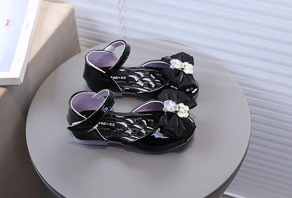 Girl's Fish Mouth Shoes with Rhinestone Bear Decos Prom Party Sandals for Kids Girl Nice Butterfly-knot Students Footwear I10281