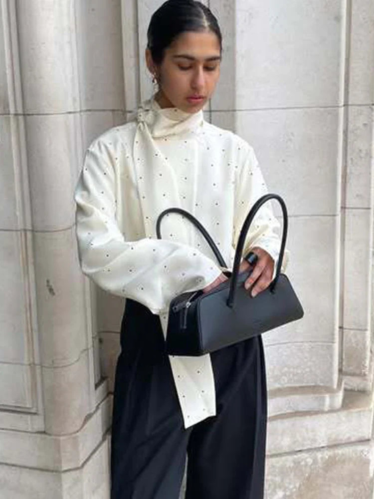 Satin Scarf Neck Polka Dot Printing Women Blouse Fashion Full Sleeve Loose Basic Shirt Lady Autumn New Highstreet Commute Wear