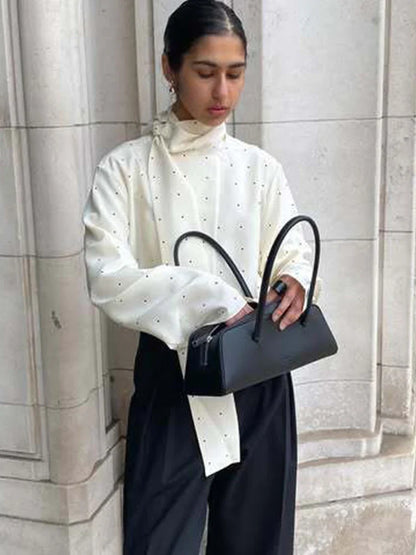 Satin Scarf Neck Polka Dot Printing Women Blouse Fashion Full Sleeve Loose Basic Shirt Lady Autumn New Highstreet Commute Wear