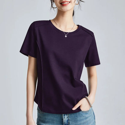 Summer Women's White Mercerized Cotton T-Shirt | 3D Stitching Round Neck Basic Top | Plus Size Slim Fit Layered Casual Blouse