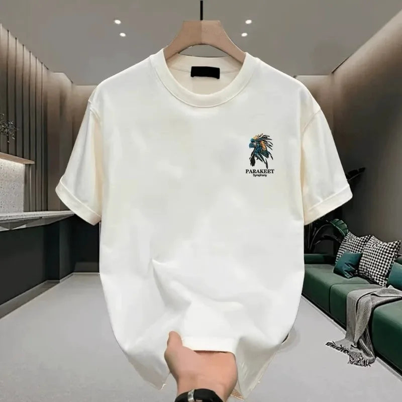 Men's Cotton T-shirts Fitted Black 5XL T Shirt for Men Casual Summer Wear Fashion Parakeet Print White Tee Shirts Men Clothing
