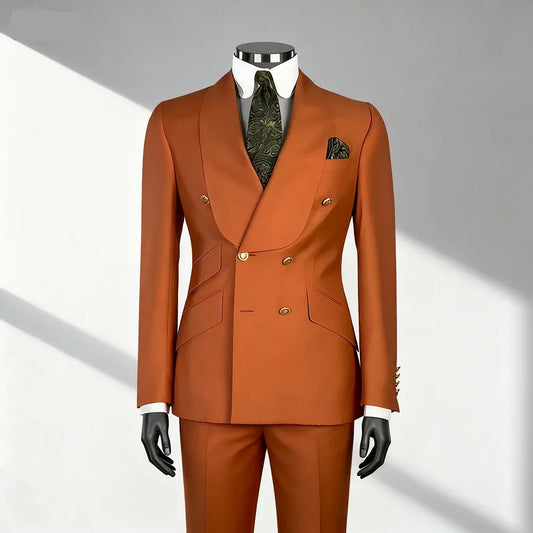 2 PCS Men's Smart Casual Solid Formal Tuxedo Suits with Shawl Lapel Double Breasted Jacket And Pants for Business And Wedding